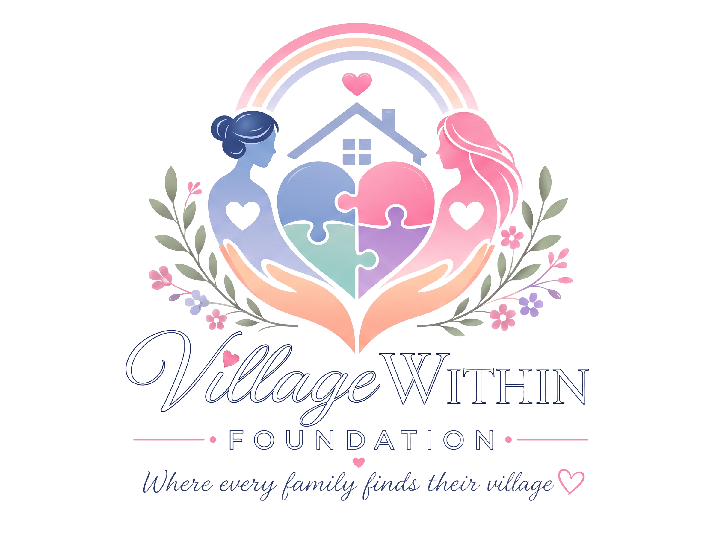 Village Within Foundation logo: two figures forming a heart around a home, cradled by hands beneath a rainbow.
